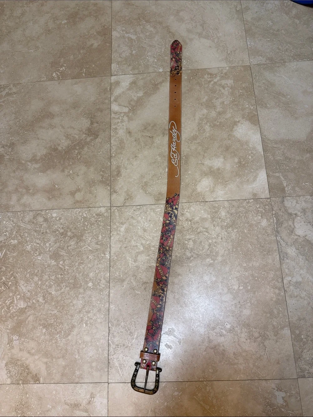 Ed Hardy Brown Leather Belt with Red Floral Skull Print